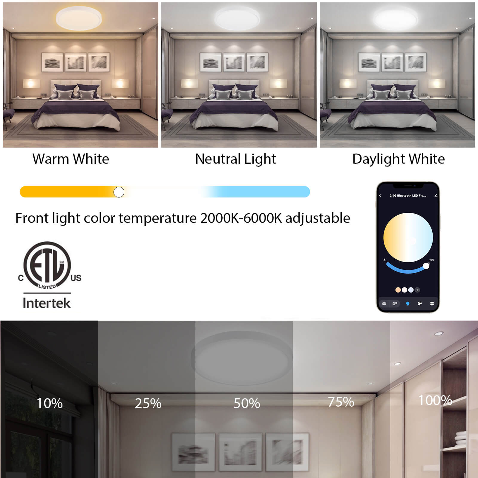 Plafonnier d'intérieur intelligent télécommandé, 12 pouces, 2.4G, LED Bluetooth, panneau encastré, 24W, 3000lm, ETL, Energy Star