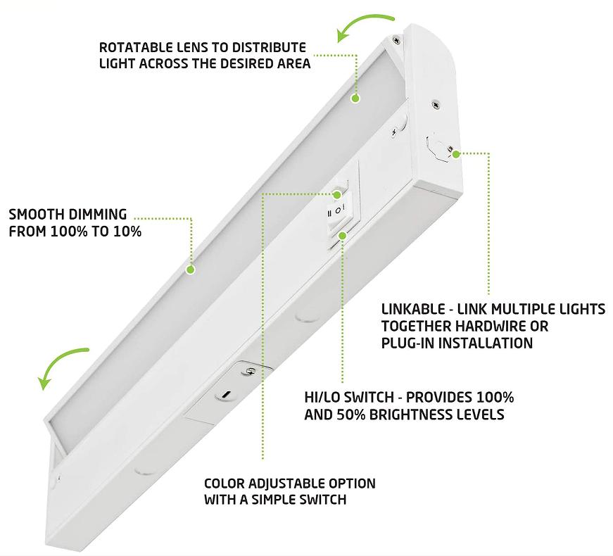 Lentille sélectionnable de couleur 3CCT 2700K-3000K-4000K, éclairage d'armoire réglable, luminaire pivotant sous l'armoire