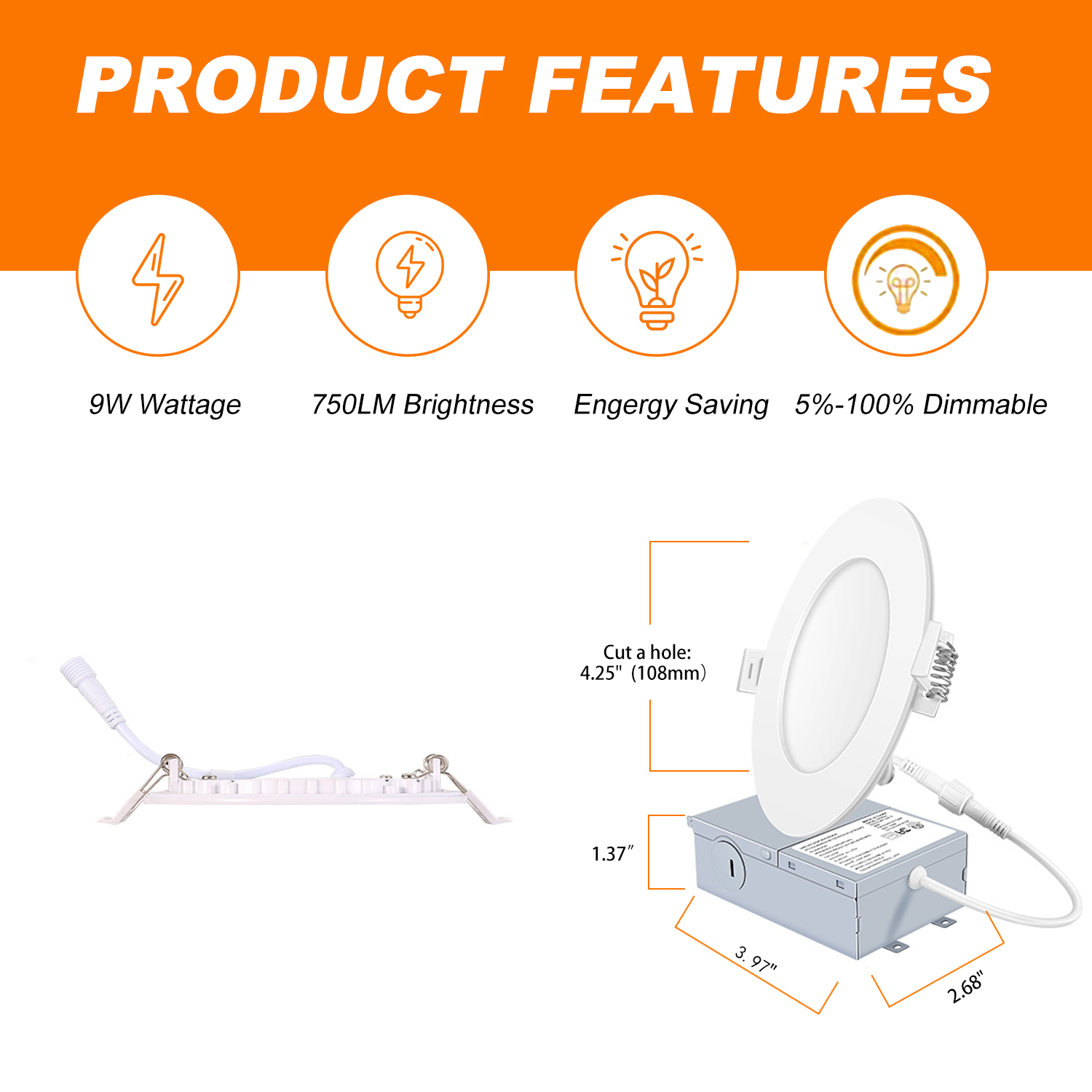 YG008 haute luminosité 810LM 4in 3CCT Potlight LED encastré panneau lumineux mince