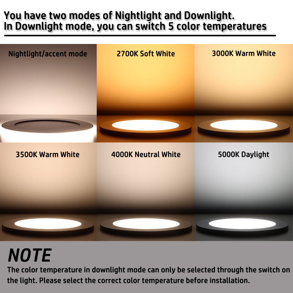 4 pouces 6 pouces rond couleur changeante 5CCT 2700K/3000K/3500K/4000k/5000k + veilleuse 2700K dimmable encastré LED mince avec boîte de jonction ETL répertorié IC évalué