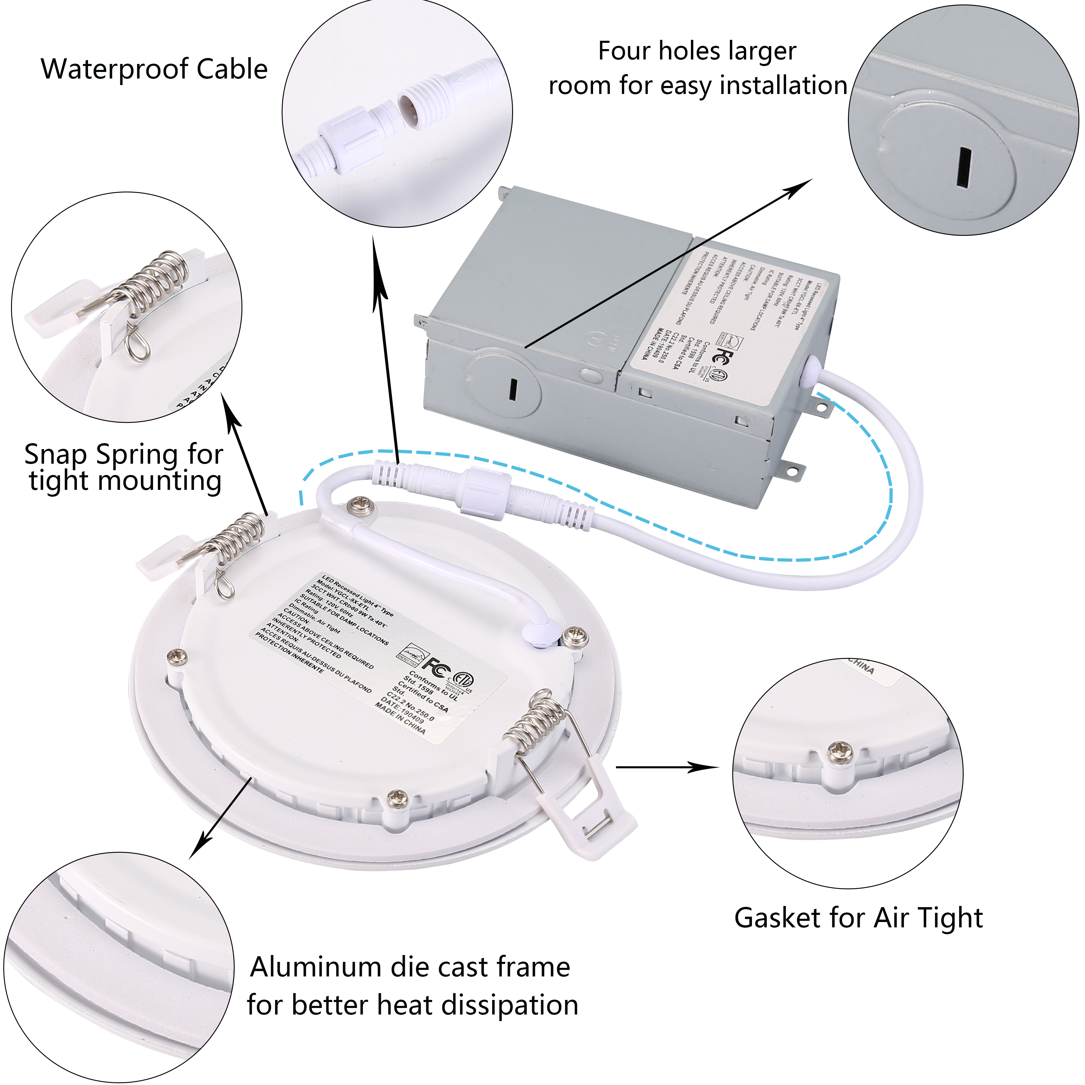 Spot lumineux encastré mince, vert jeunesse, 4 pouces, 9W, couleur unique, 3CCT, 5CCT, anti-éblouissement, sans scintillement, avec certificats ETL Energy Star