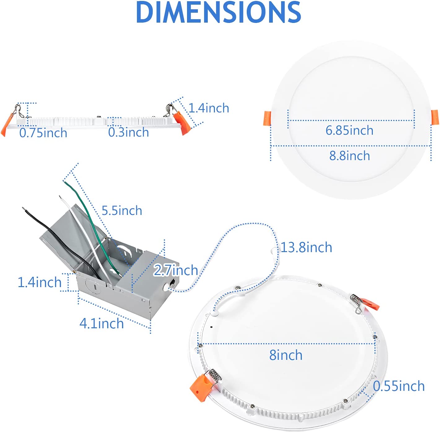 YG ETL/ES/FCC a répertorié AC120V 8in 18watts 3CCT intérieur résidentiel panneau mince encastré LED Downlights pour emplacement humide