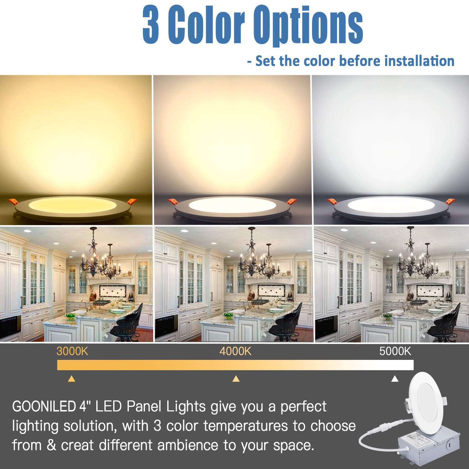 Downlights minces encastrés à LED homologués ETL 3CCT ETL de 3 pouces, 4 pouces, 6 pouces avec boîte de jonction, panneau lumineux encastré au plafond mince classé IC à intensité variable pour emplacement humide