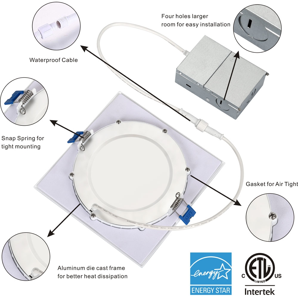 Spot lumineux LED encastrable carré, 4 pouces, 6 pouces, certifié ETL, IC, 3000K/4000K/5000K/6000K/3CCT/5CCT, variable, sélectionnable 