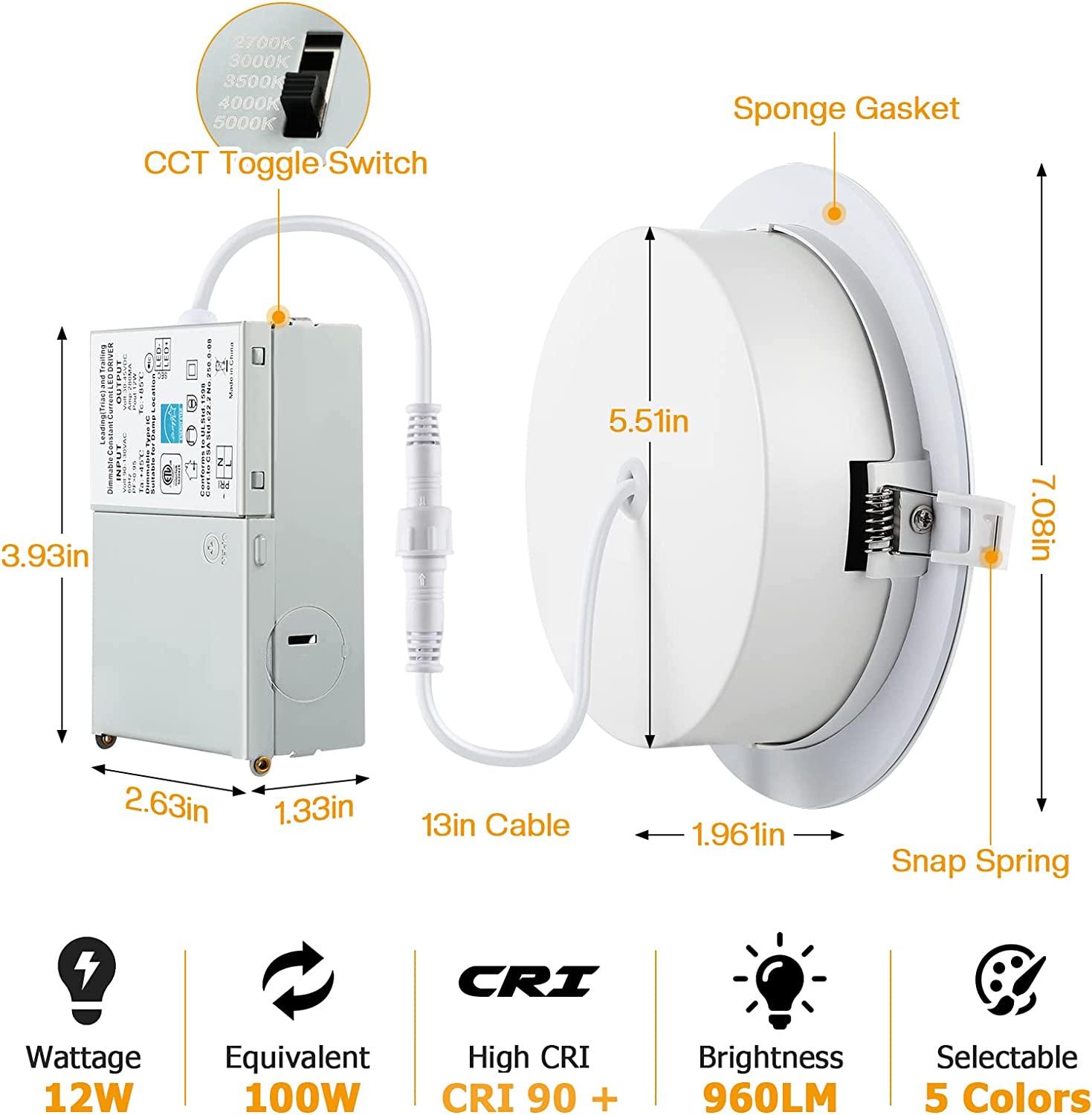 4'' WIFI RVB 2000K-6000K DAMP LED Encastré Panneau à Cardan Downlights avec Boîte de Jonction Dimmable IC Classé Éclairage de Plafond ETL Energy Star répertorié YG002B9-R-5L-WIFI