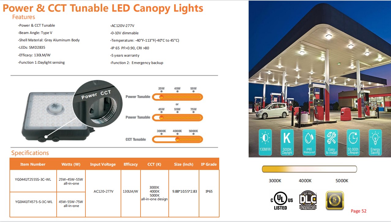 25W 45W 55W sélectionnable 3CCT en un 130lm/w 5 ans de garantie IP65 lumière LED étanche pour auvent de garage